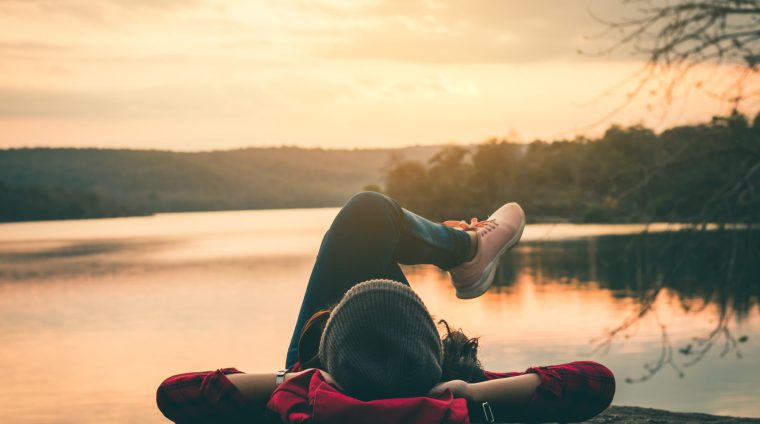 Female tourists in beautiful nature in tranquil scene in holiday.